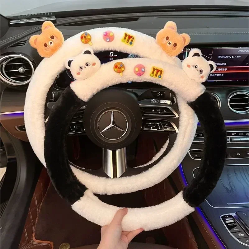 Cartoon Sanrioed Kuromi Plush Doll Car Steering Wheel Cover Kawaii Auto Interior Decoration Accessories Car Protective Cover