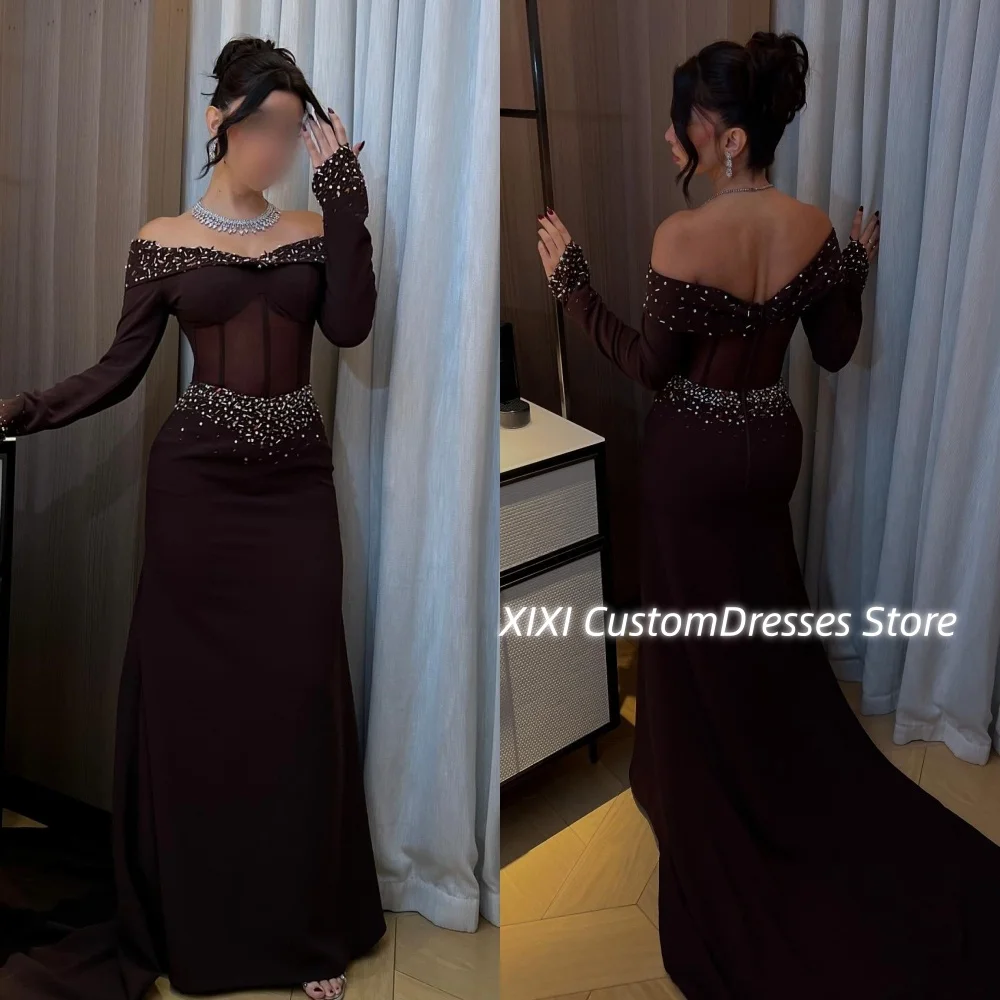 

Свадебное платье на заказ Женские вечерние платья трапециевидной формы с открытыми плечами длиной до пола с бусинами на молнии с длинными рукавами для выпускного вечера