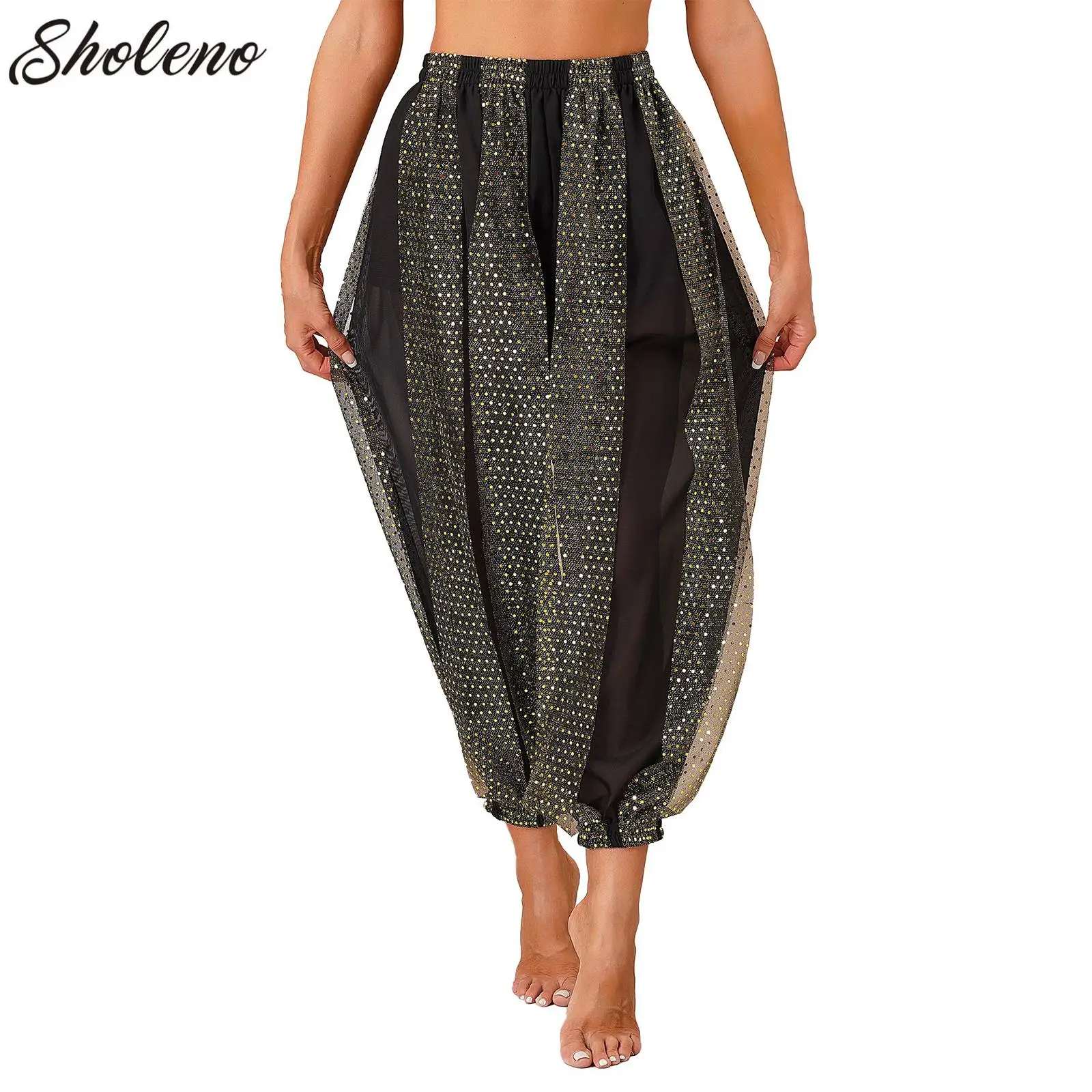 

Chiffon Belly Dance Harem Pants Arabic Halloween Lantern Shiny Sequins Pants Fancy Pants Bloomers Trousers For Dancing Women