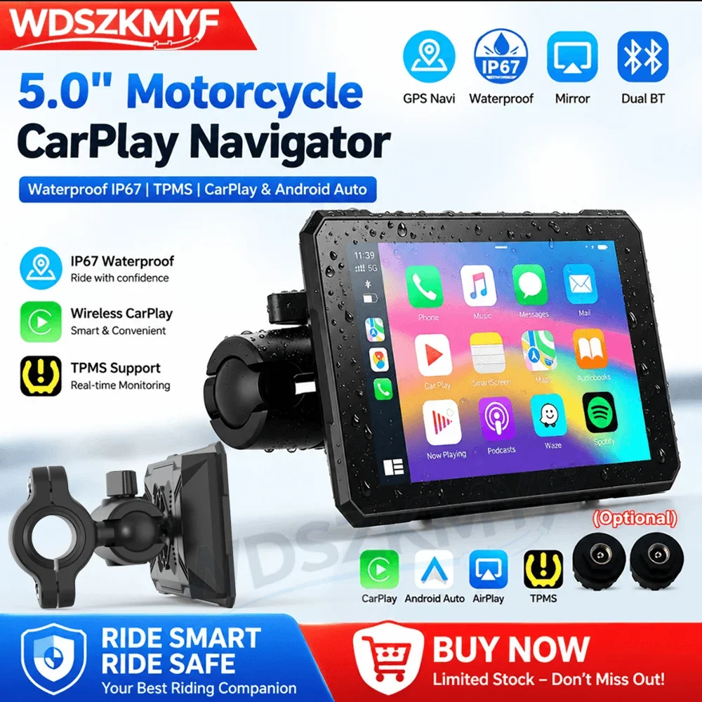 

5 Inch Touch Screen Motorcycle Portable Wireless Carplay Android Auto GPS Navigation Display IP67 Waterproof Multimedia Player