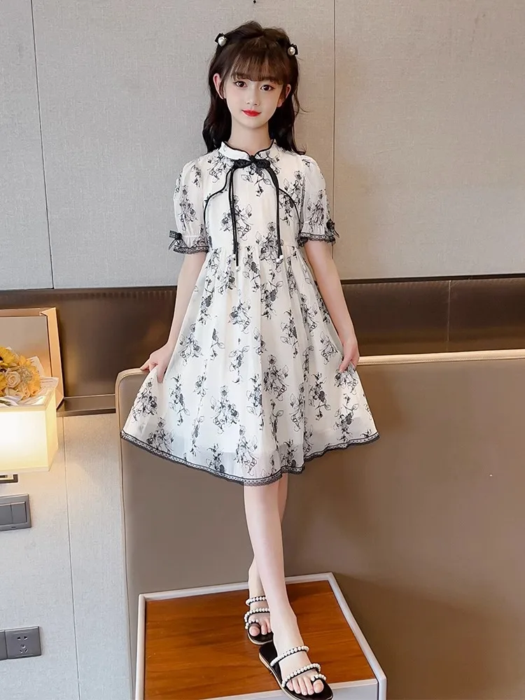 2024 summer Kids Girls spring chinese Cheongsam Qipao Princess Teenager New Year Floral Dresses Clothing  4 7 8 9 10 12 14 Years