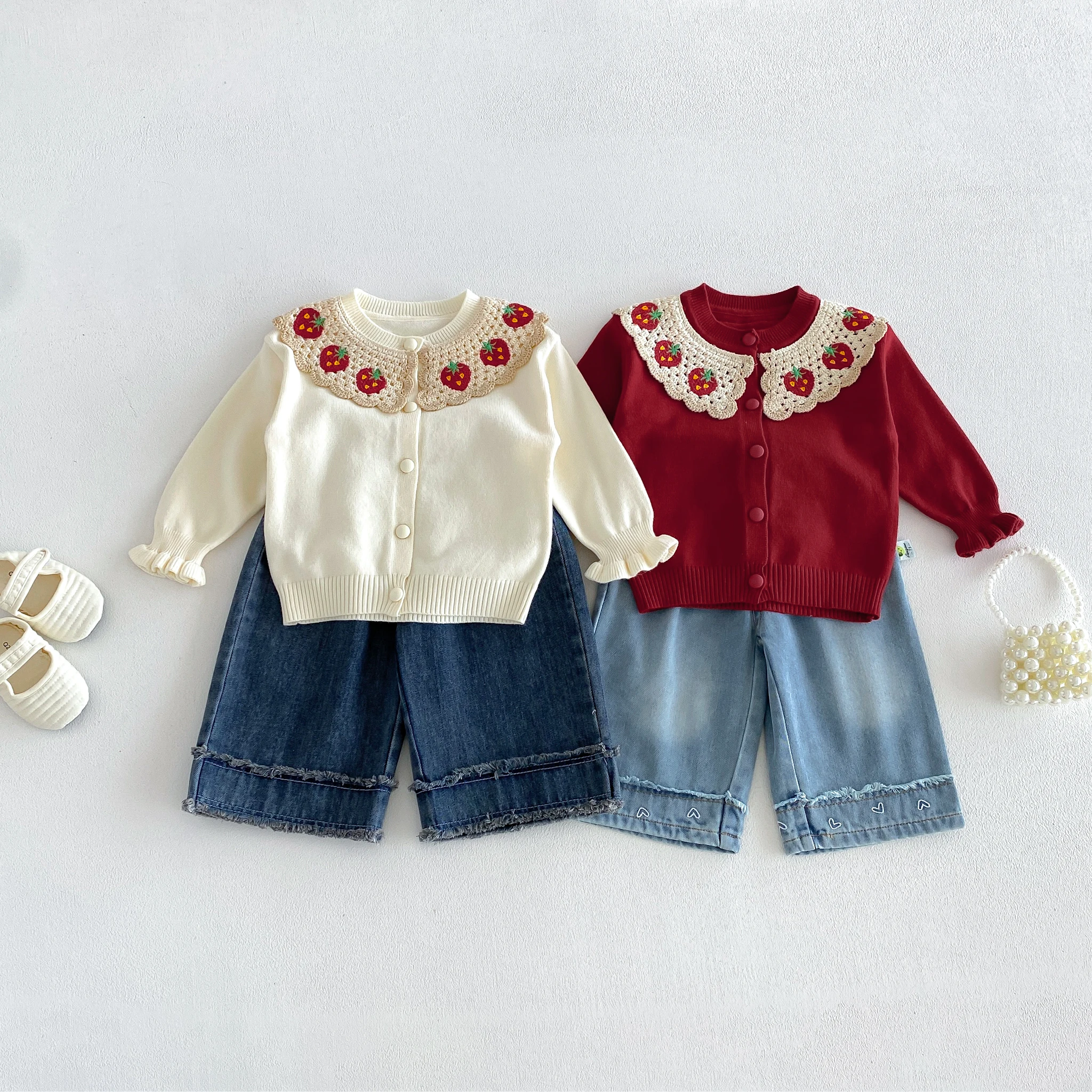 Infant and Toddler 2026 Fall/Winter New Strawberry Doll-Neck Knit Cardigan for Girls, Sweet and Cute Outfit