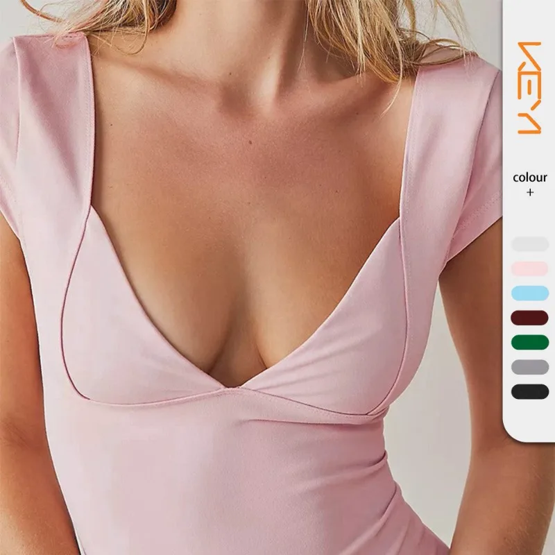 

Womens Fashion Slim Short Sleeve T Shirts Sexy Deep V-neck Low-cut Backless Tee Ladies Y2K Trend Pullover Top Streetwear