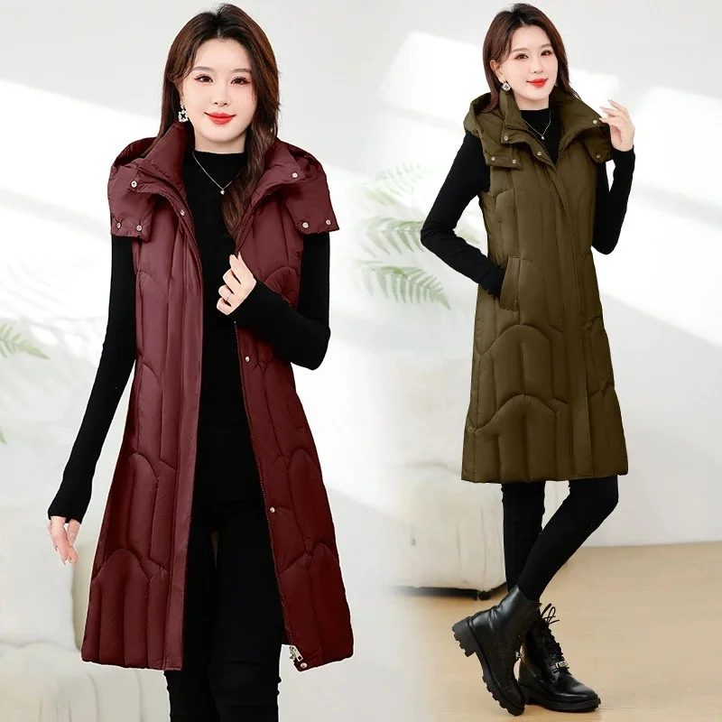 

2025 New Winter Women Down Cotton Vest Sleeveless Warm Puffer Jacket Casual Hooded Long Waistcoat Female Outerwear Chaleco Mujer