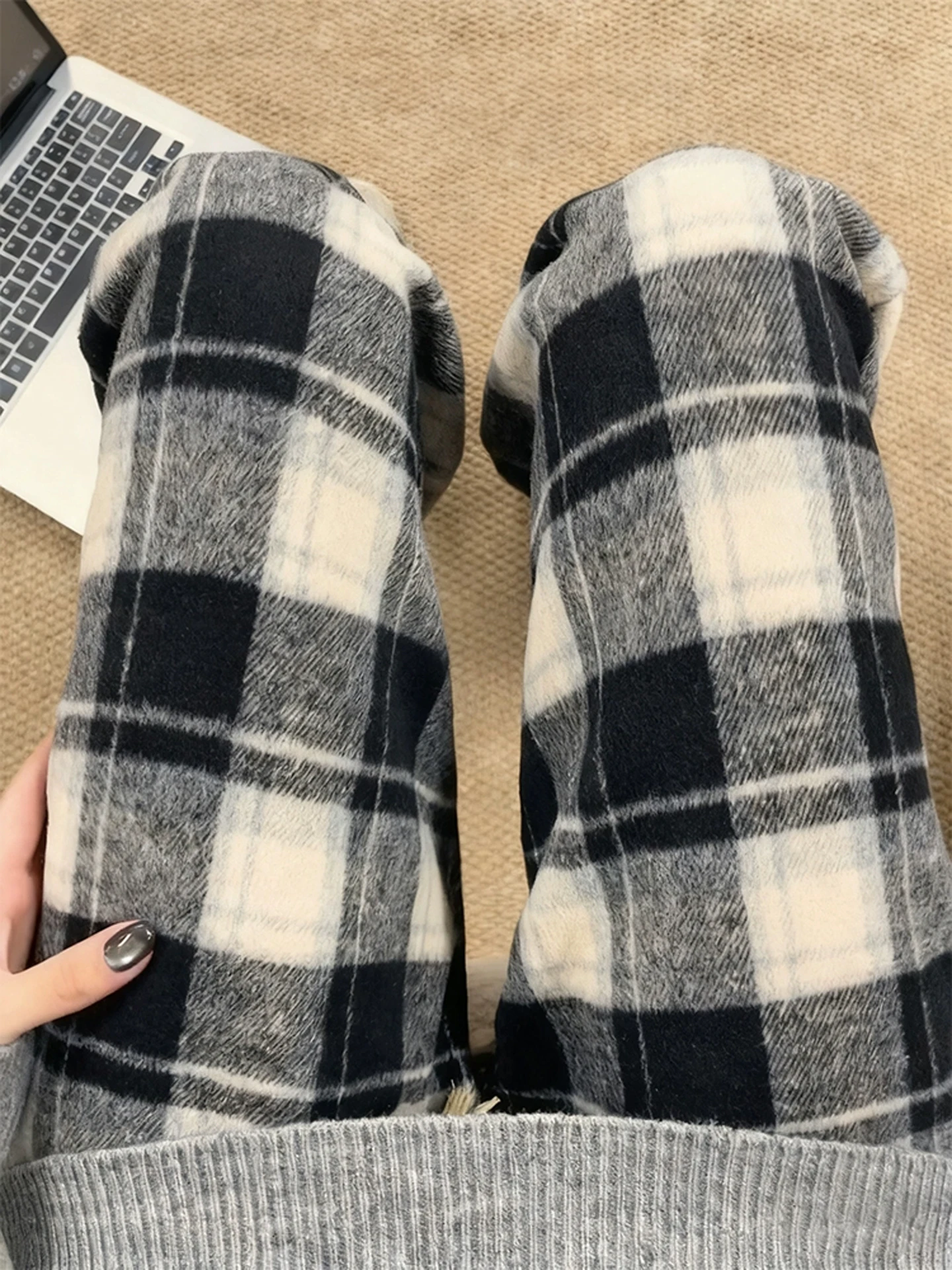 

American Retro Plaid Pants Men's Winter Thiened Fce Lined Tweed Loose Straight Leg Casual Pants Warm Polyester Fiber