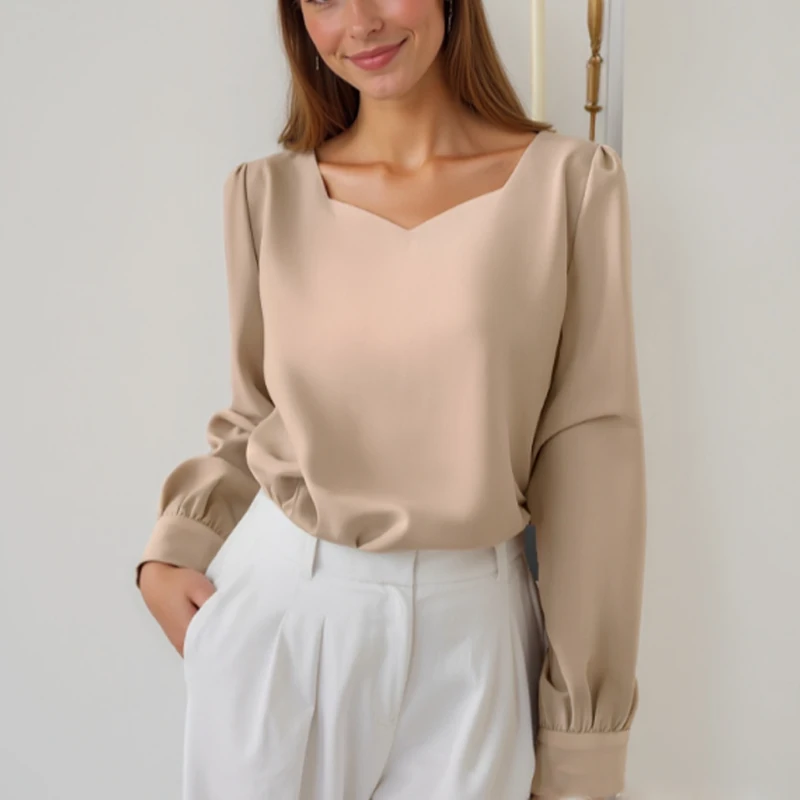 

Весенне-осенняя элегантная блузка с квадратным воротником для женщин, повседневные свободные топы, модные однотонные женские рубашки с длинными рукавами 8276