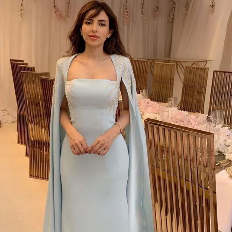 2023 Elegant Light Blue Square Neck Shawl Long Sleeve Evening Dresses Mermaid Special Celebrity Gowns For Women فساتين السهرة