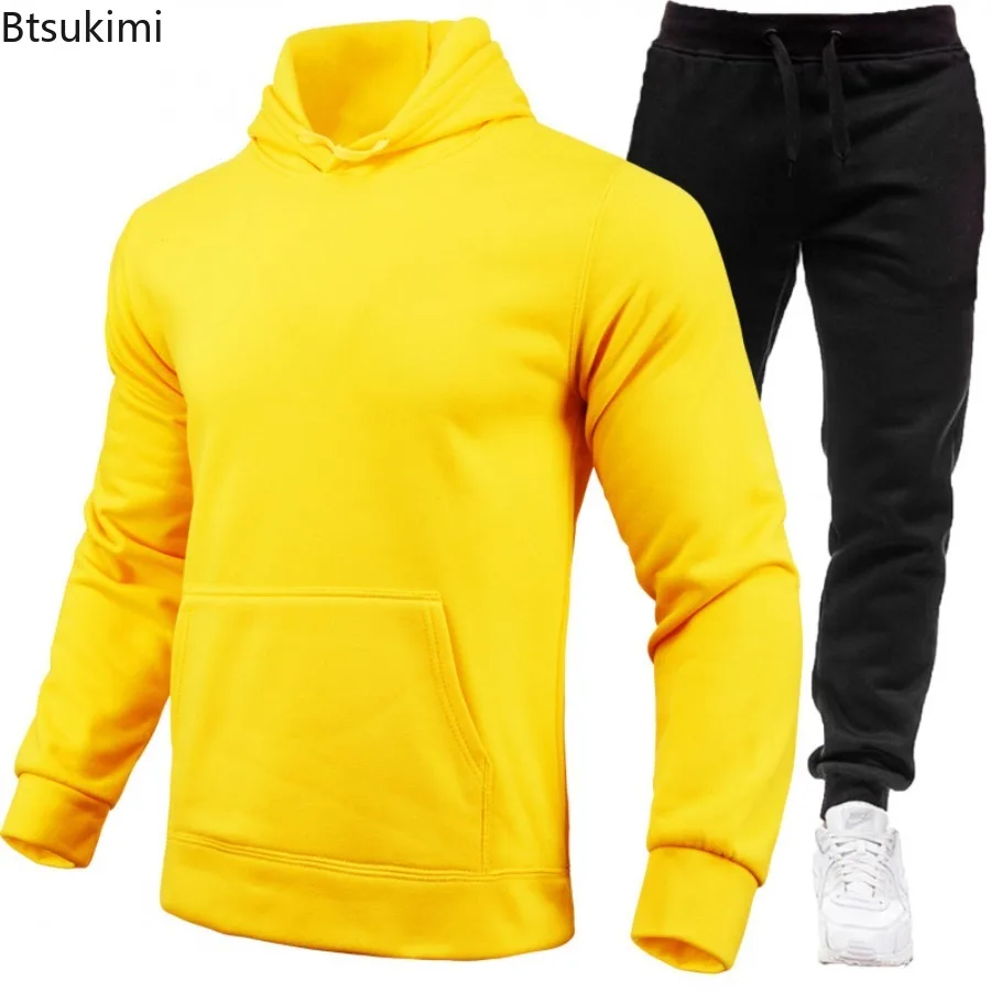Men's Sports Suit Solid Color Casual Pullover Sweatshirt Long Pants Two-piece Set Spring Autumn Fleece Male Hooded Sweatshirt