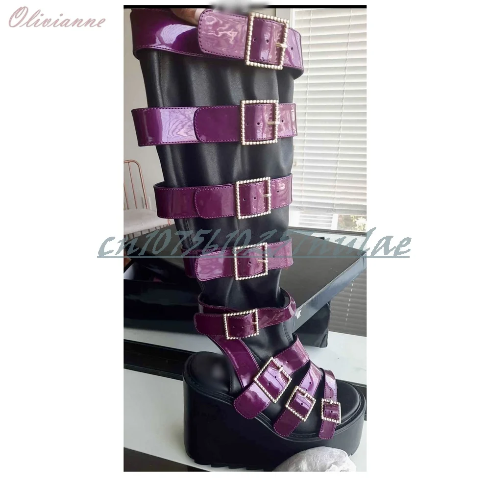 Preto e roxo fivela cintos decoração meados de bezerro botas dedo do pé aberto cunhas salto alto festa 2025 verão sapatos femininos zapatos para mujere