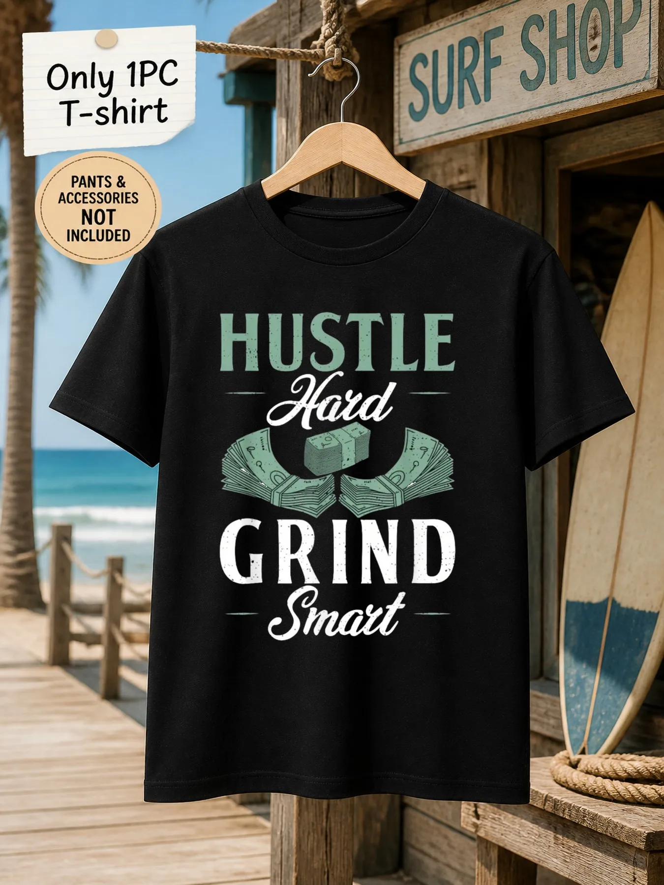 1pc Mens Graphic T Shirt Hustle Hard Grind Smart Money Print Short Sleeve Crew Neck[solely 1pc T-SHIRT]