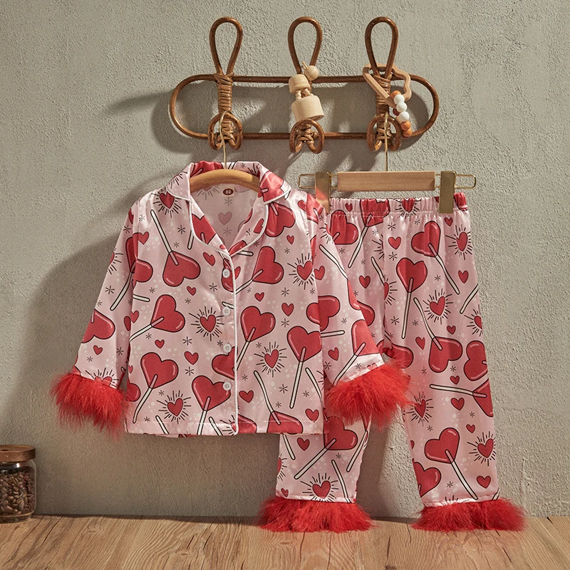 EWODOS Kids Girls Valentine's Day Pajamas Set Heart Print Long Sleeve Shirts Tops Long Pants 2 Pieces Lounge Suit Sleepwear