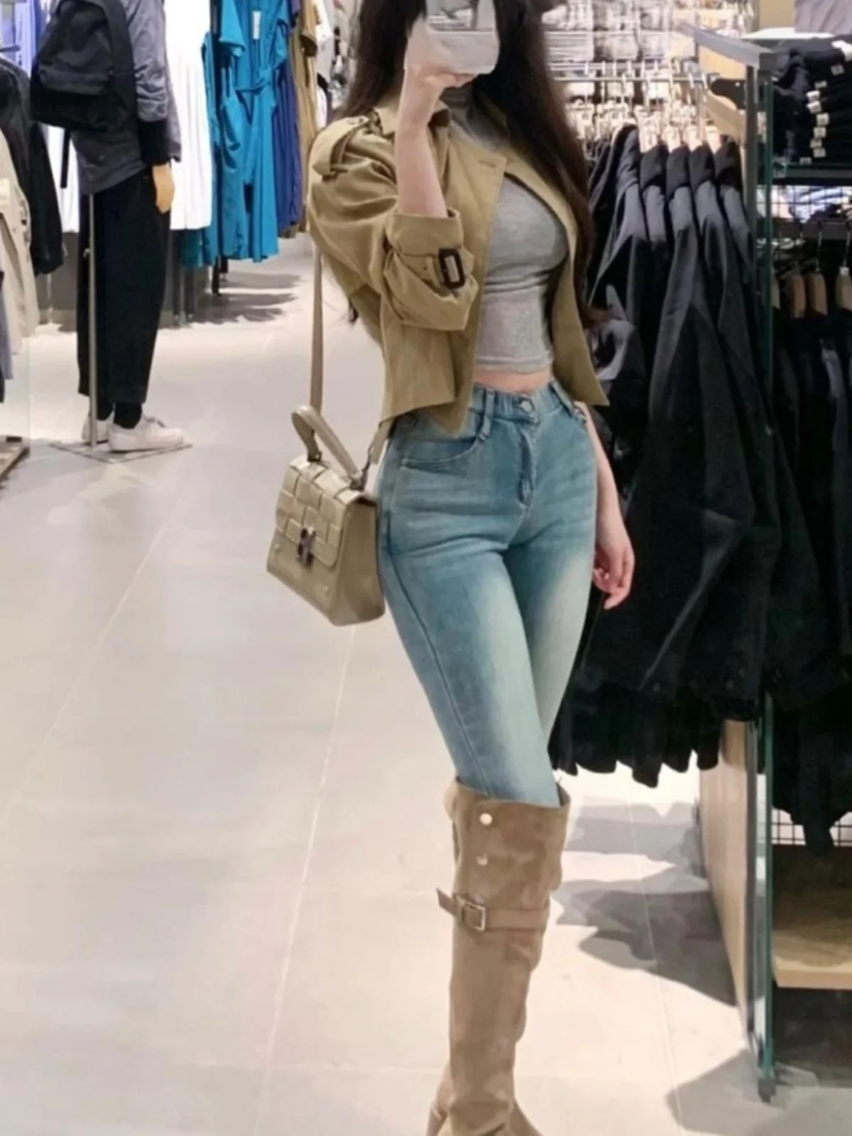 

Ретро-синие джинсы с эффектом потертости, зауженные, с высокой талией, облегающие, укороченные (7/8), женские, повседневные, из хлопка со стрейчем