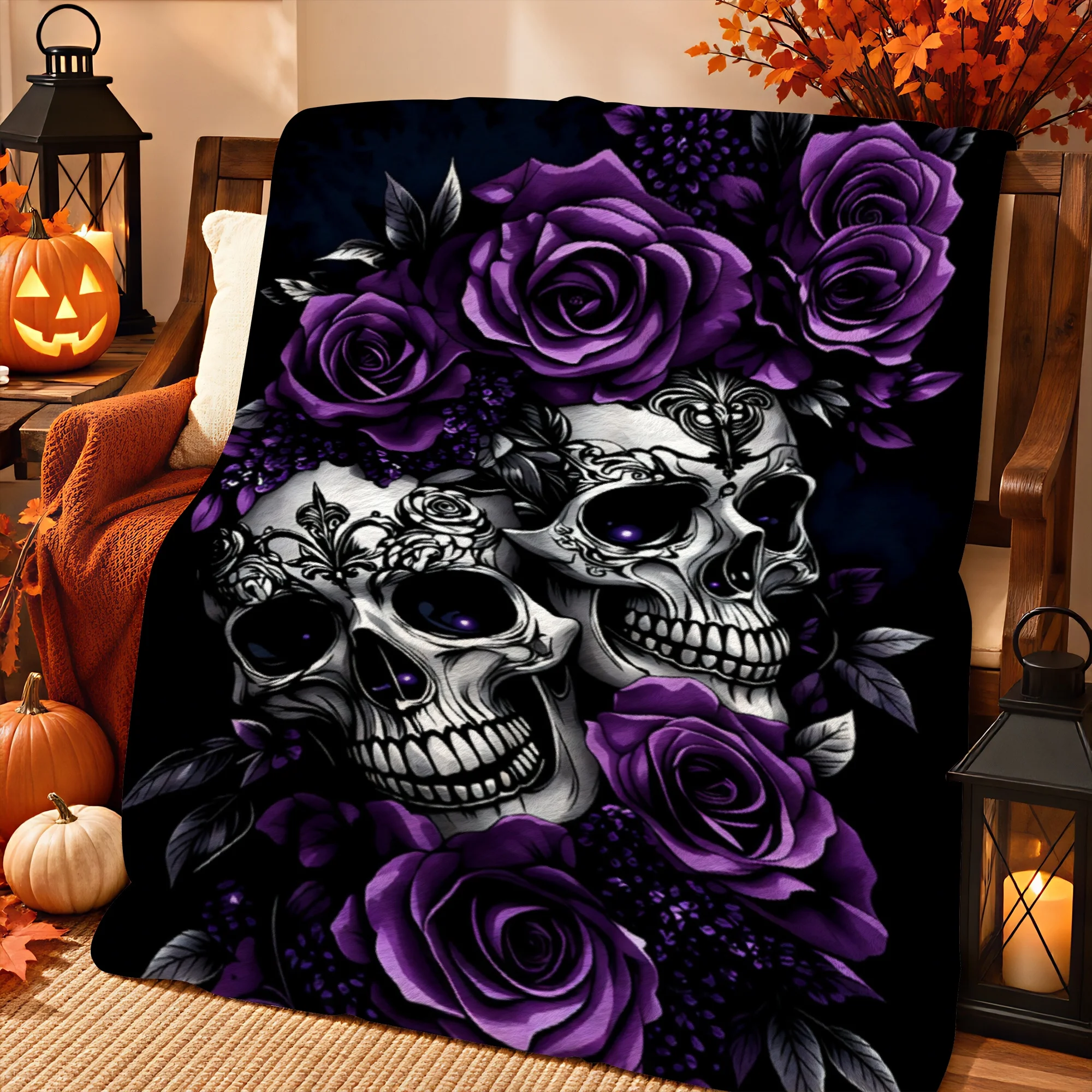 1pc 2D Printed Three White Skulls Purple Roses Black Leaves Dark Background Halloween Throw Blanket Soft Warm for Sofa Bed Recli