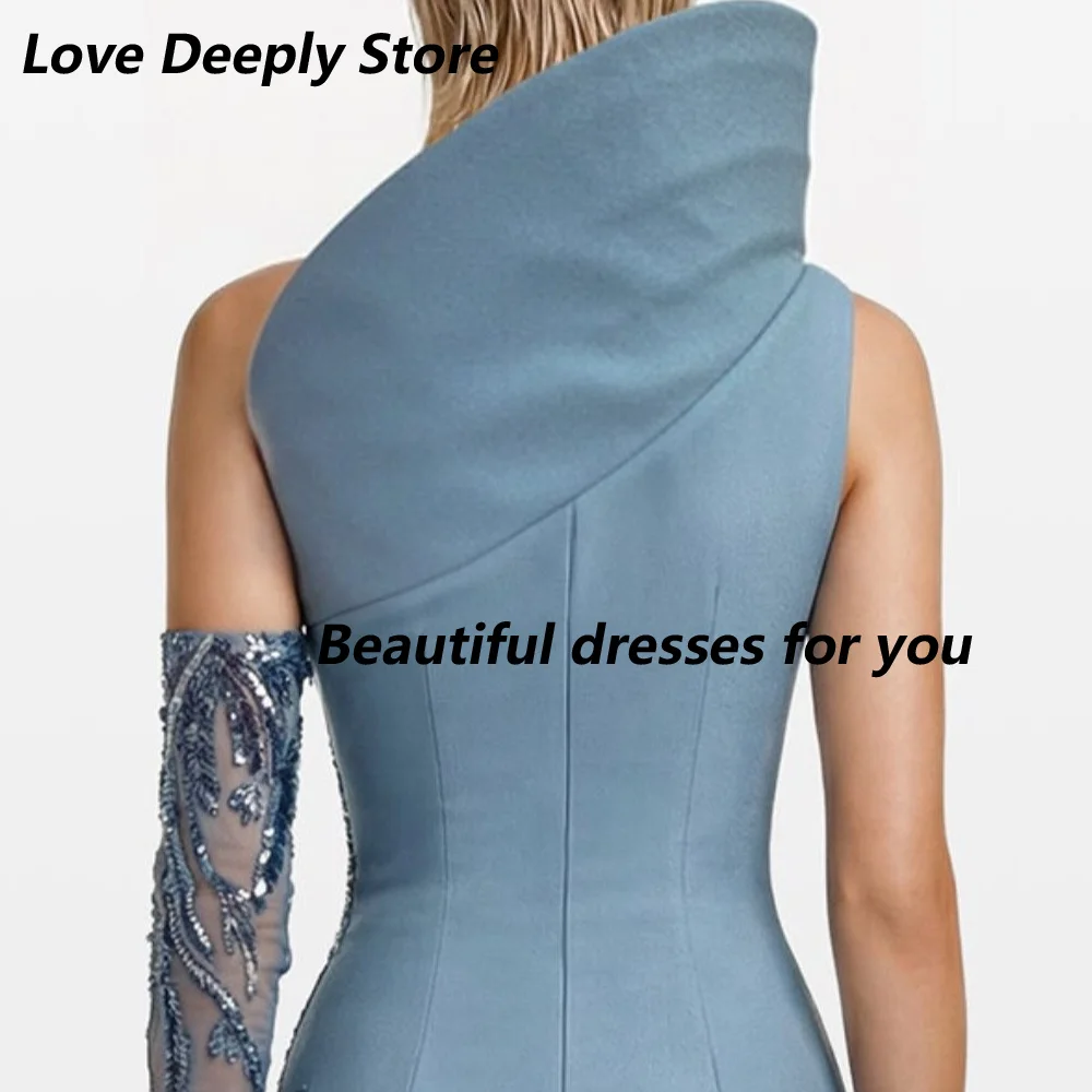 Customized Dusty Blue Sequined Leaf  Mother Of The Bride Gown Asymmetric One Shoulder Detachable Mesh Sleeve Sheer Mermaid Dress