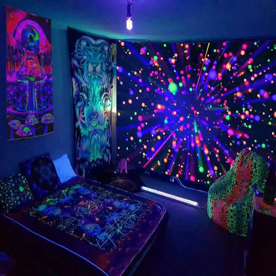 Mysterious Universe Starry Space Psychedelic Fluorescent Tapestry Wall Hanging  Trees and Stars Bedroom