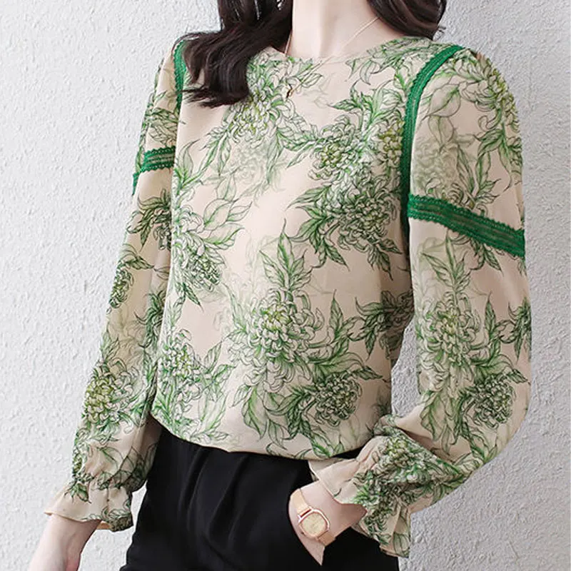 Office Lady Floral Printed Blouse Round Neck Stylish Lace Spliced Female Clothing 2024 Spring Autumn Casual Long Sleeve Shirt