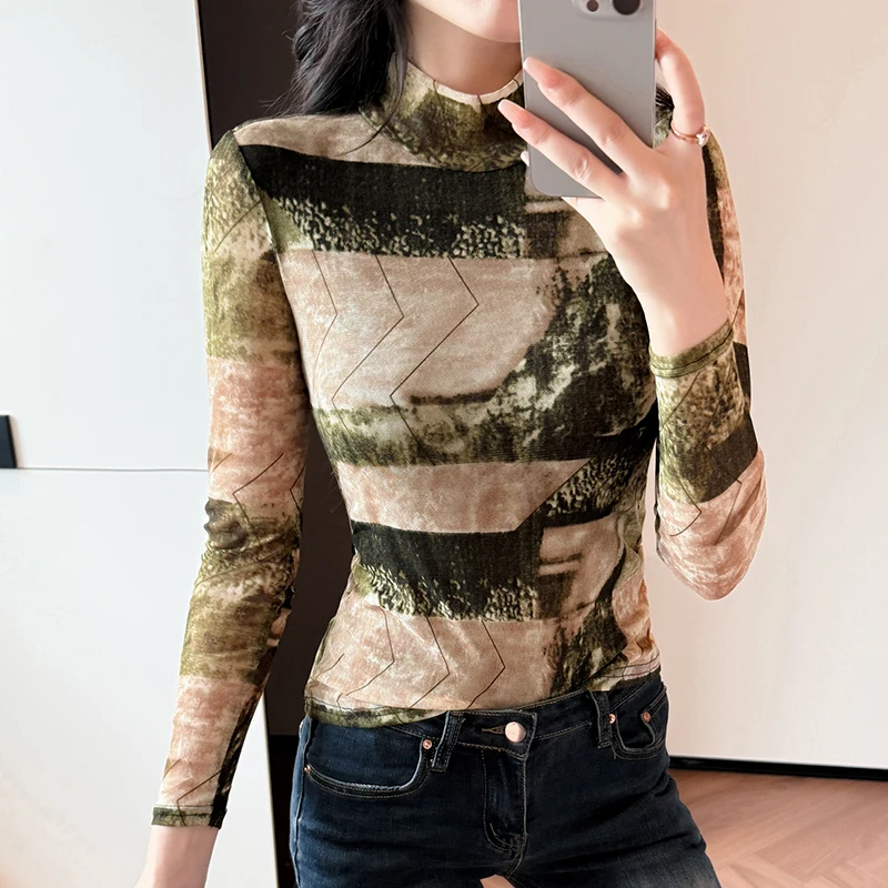MadBlack-Women European T-Shirt, Sexy Turtleneck Geometry Print, Clubwear Long Sleeve Slim S-3XL Mesh Tee, 2025 Autumn T5O312CC