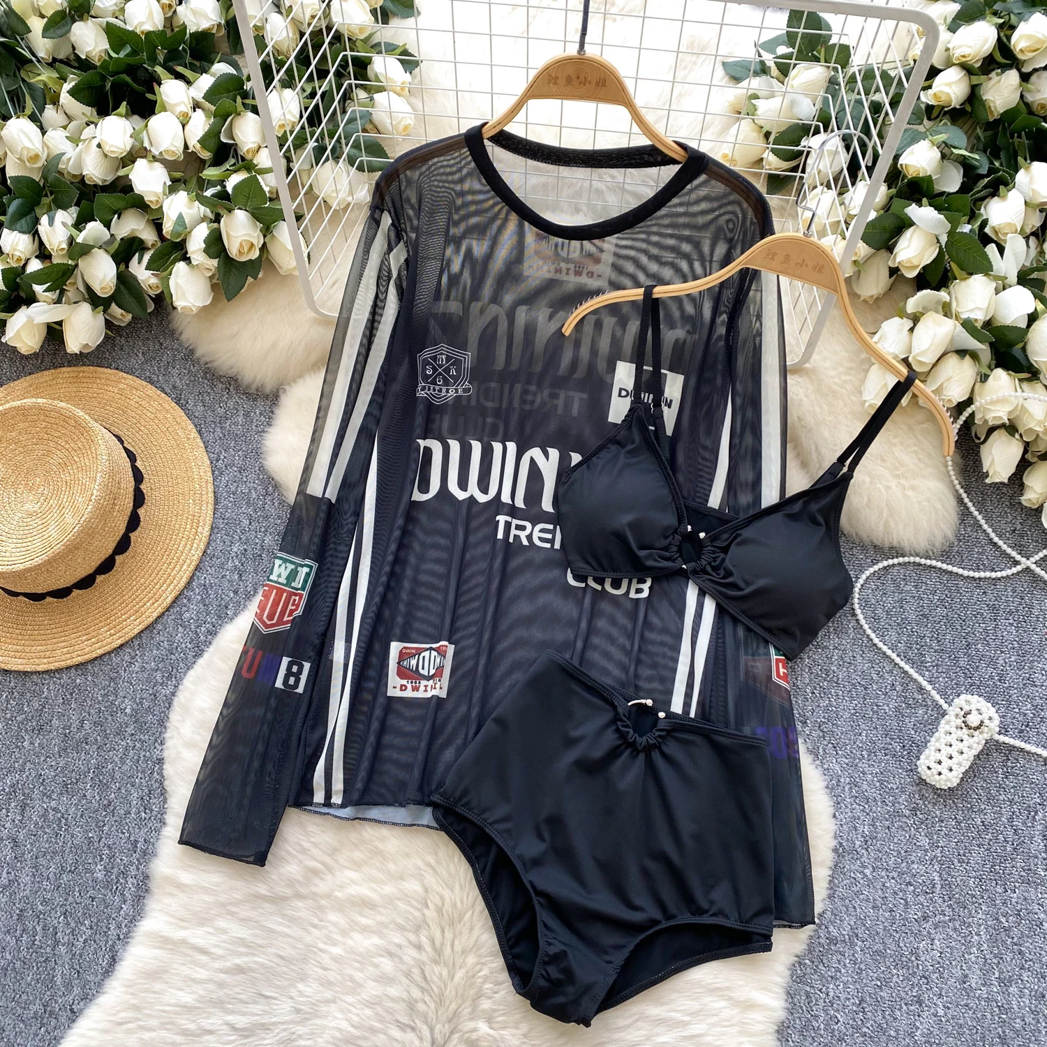 

New Female Bikini 3pcs Suit Set Pajamas Punk Motor Bike Gothic Set Y2K Ins Chic Nightclub Party Swimming Pool Beach Tropical Set