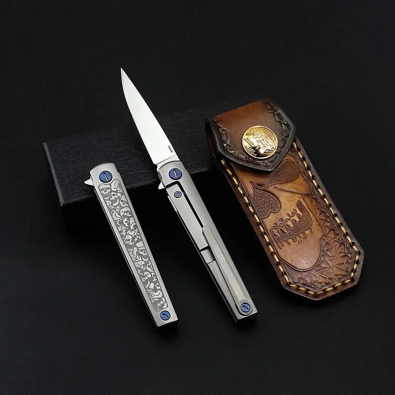 

MS3 Titanium Alloy Handle Folding Knife with Handmade Leather Sheath, Multifunctional Pocket EDC for Camping & Fruit Peeling