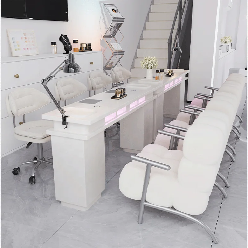 Luxury Salon Furniture Full White Double Nail Table and Chair Modern Manicure Table with Vacuum Cleaner