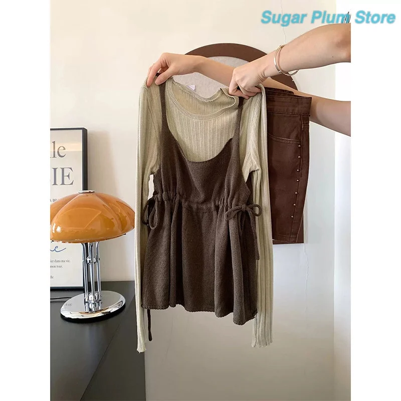 Minimalist Style Autumn Women's New Slim Knit Bottoming Shirt Dark Brown Thin Shoulder Strap Vest Soft and Slim Comfortable Top