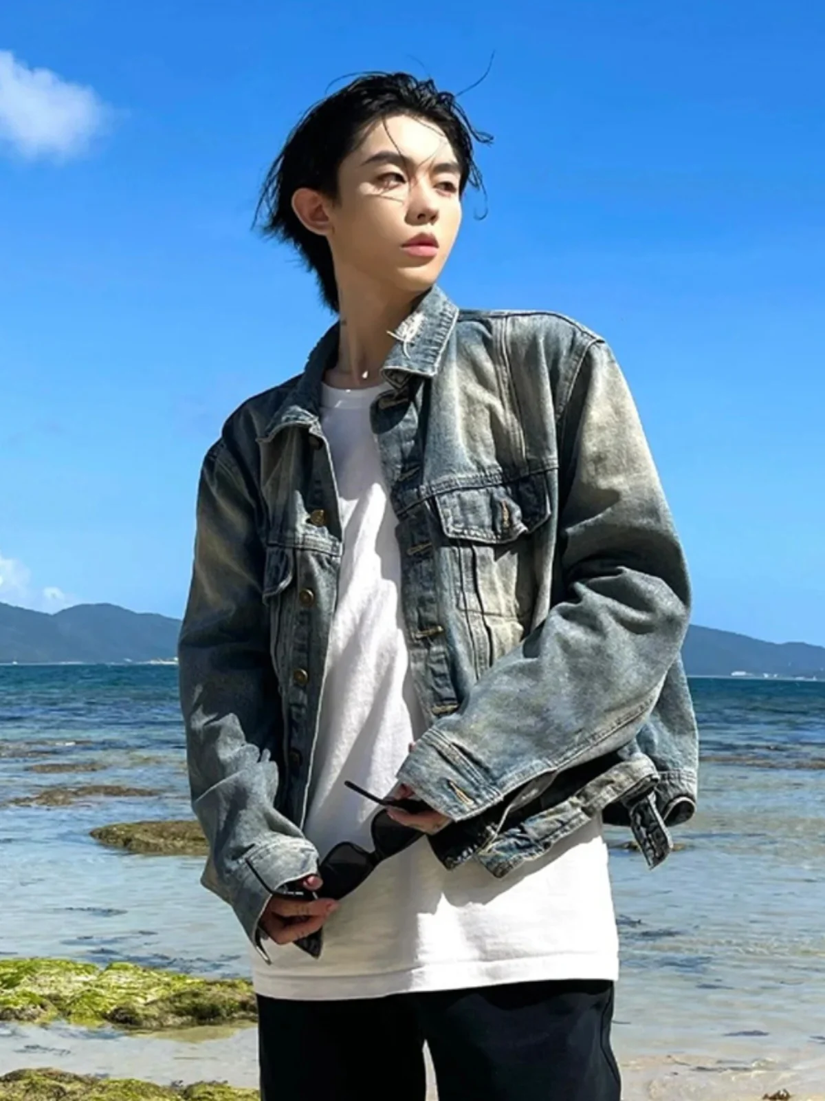 

Мужская джинсовая куртка Cleanfit American High Street желтого цвета (оттенок «грязь»), весенне-осенний стиль, эффект потертости, рабочая куртка, молодежный тренд