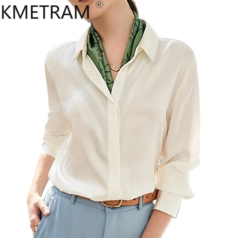 

KMETRAM 93% Natural Mulberry Silk Blouse Office Wear Woman Shirt Solid Color Long Sleeve Summer Tops 2025 Women Clothing Блузка