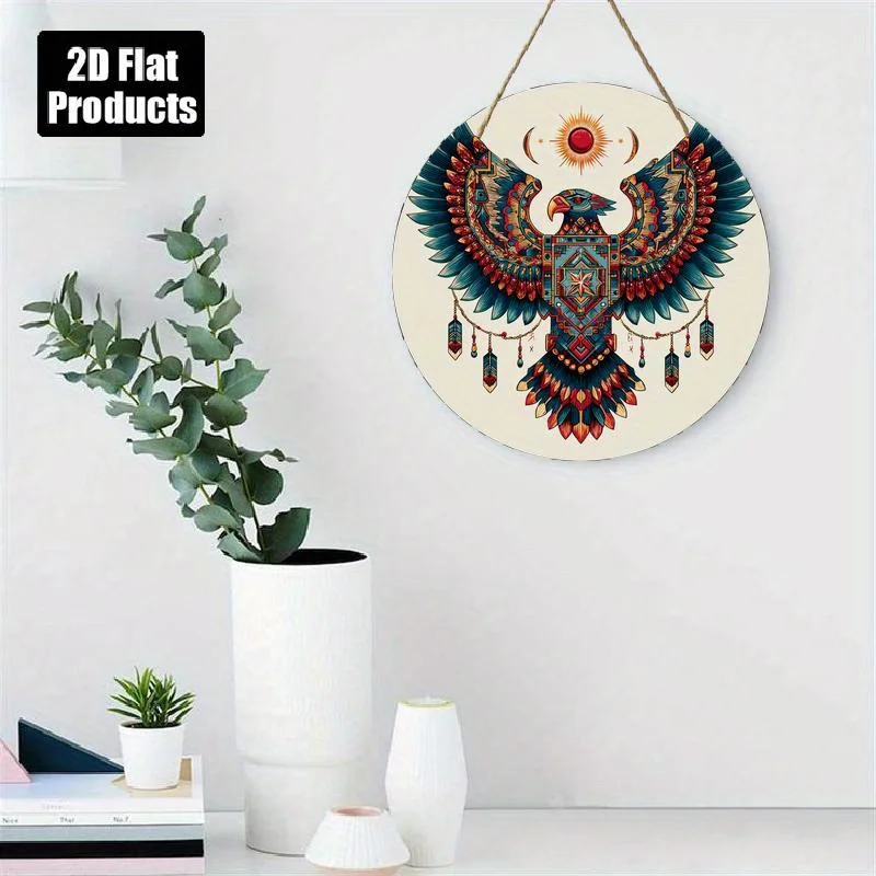 2D Flat, 1pc 2D Printed Colorful Eagle with Dreamcatcher Feathers Round Wall Decor - Wooden Decorative Plaque, Vibrant Tribal St