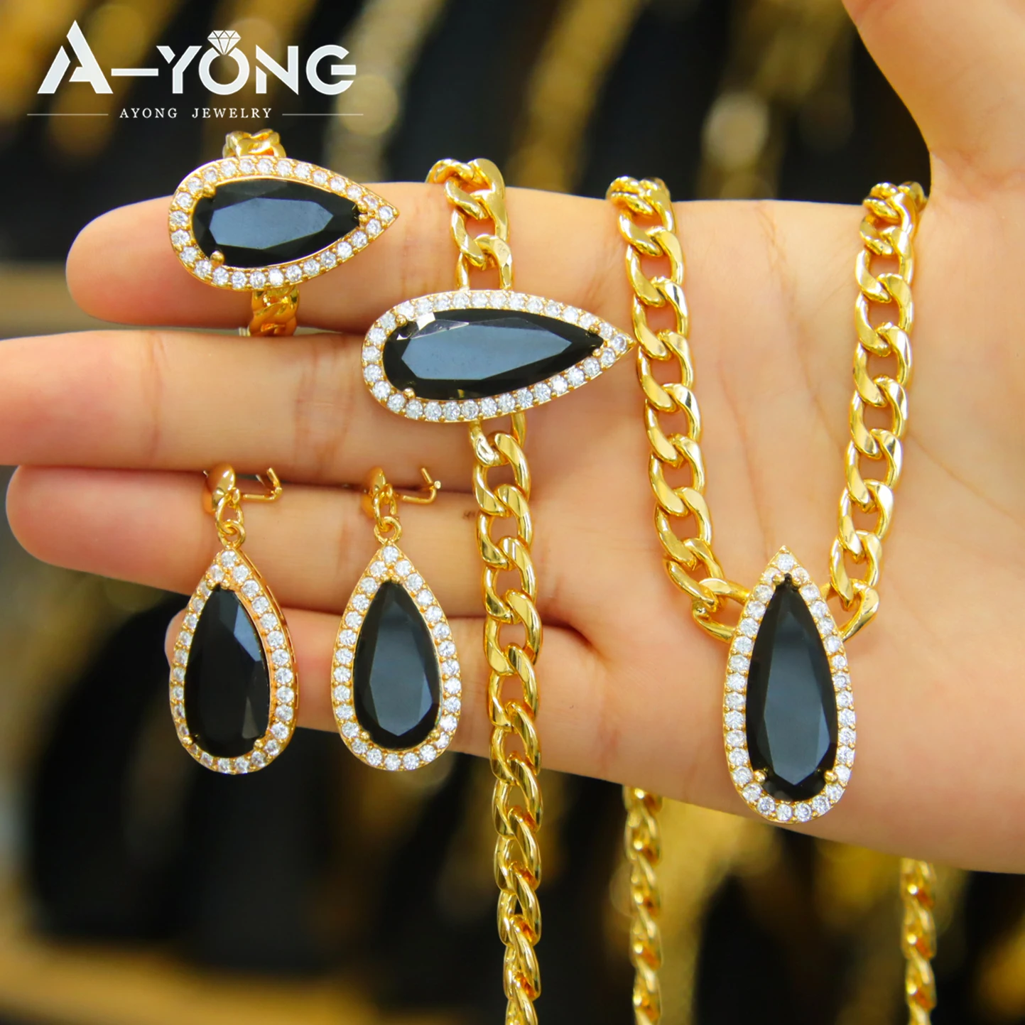 

Cubic Zirconia Water-drop Pendant Jewelry Set 21k Gold Plated Middle Eastern Luxury Noble Women Bridal Wedding Party Gifts