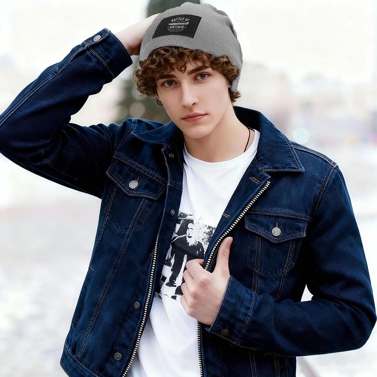 Battle Of Britain Spitfire Waffle Knit Fleece Lined Beanie with PU Leather Patch Unisex Warm Winter Soft Cap