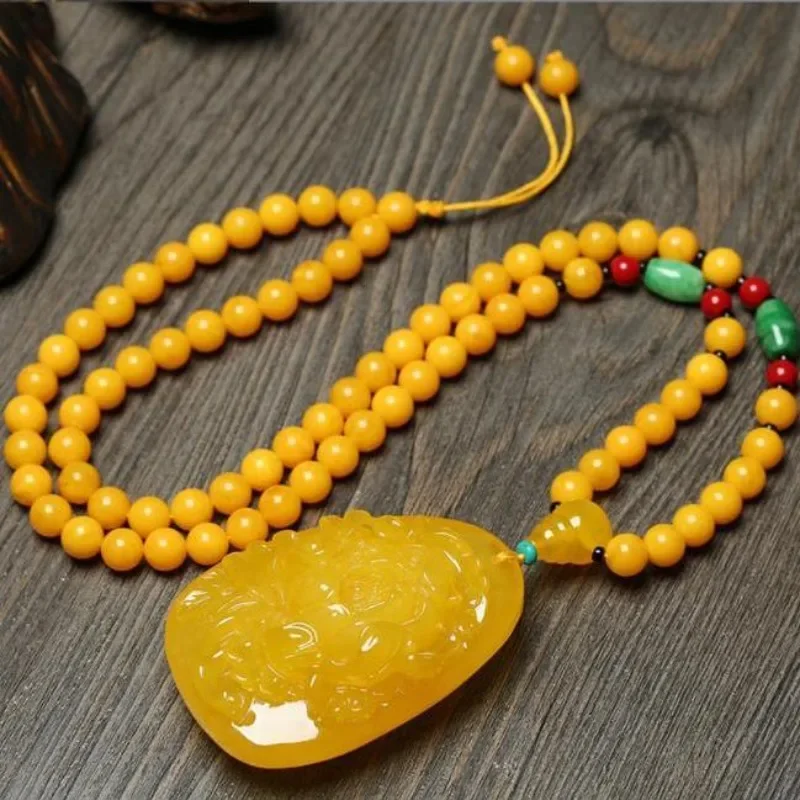 

Hand Carved Amber Beeswax Chicken Oil Yellow Peony Pendant Men's and Women's Flower Blooming Wealth Pendant