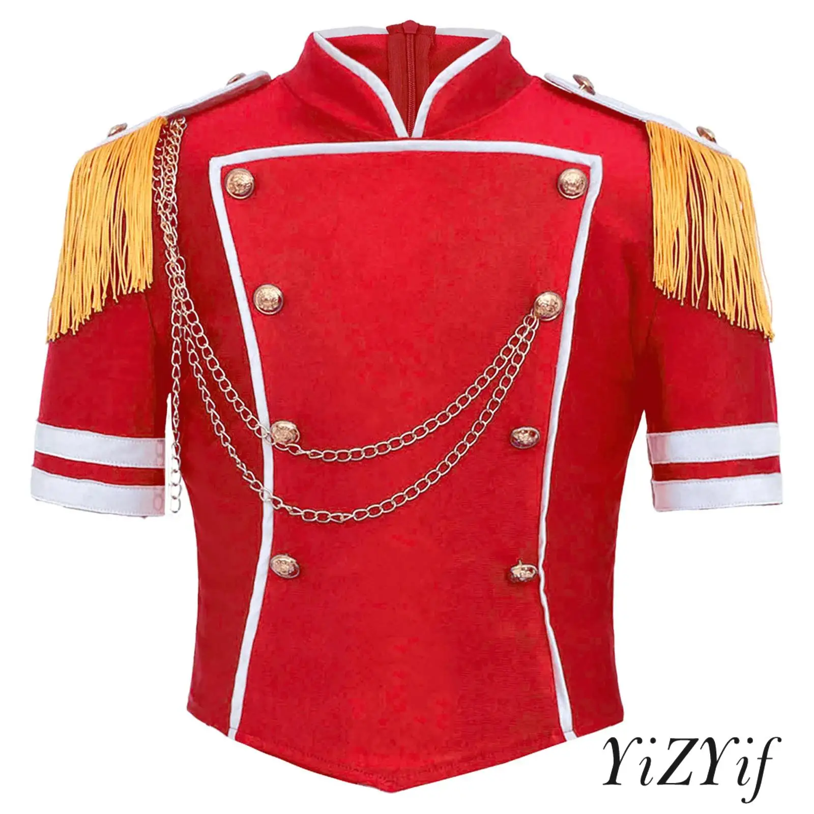 

Halloween Kid Girls Drum Majorette Costume Mock Neck Short Sleeve Epaulets Tassels Front Chain Marching Band Team Uniform Top