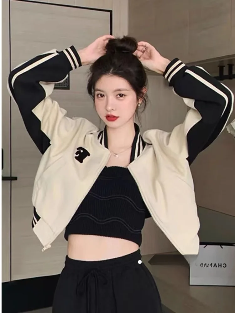 

American Retro Baseball Jaet ort Women's Outerwear Coat Small Size Trendy Winter Commute Sle Long Sve Zipper Closure