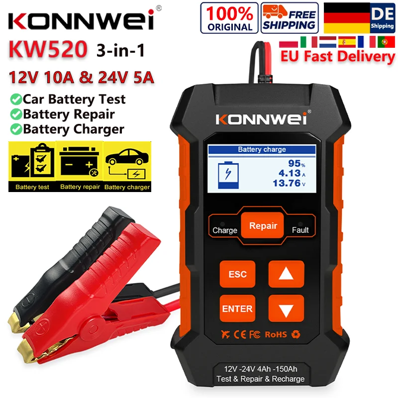 Image of 2026 KONNWEI KW520 Auto-Batterietester für Blei-Säure-Batterien 12V 10A 24V 5A Ladegerät Puls-Reparaturwerkzeug Start- und Ladeprüfung für Auto LKW AGM Kostenloser Versand