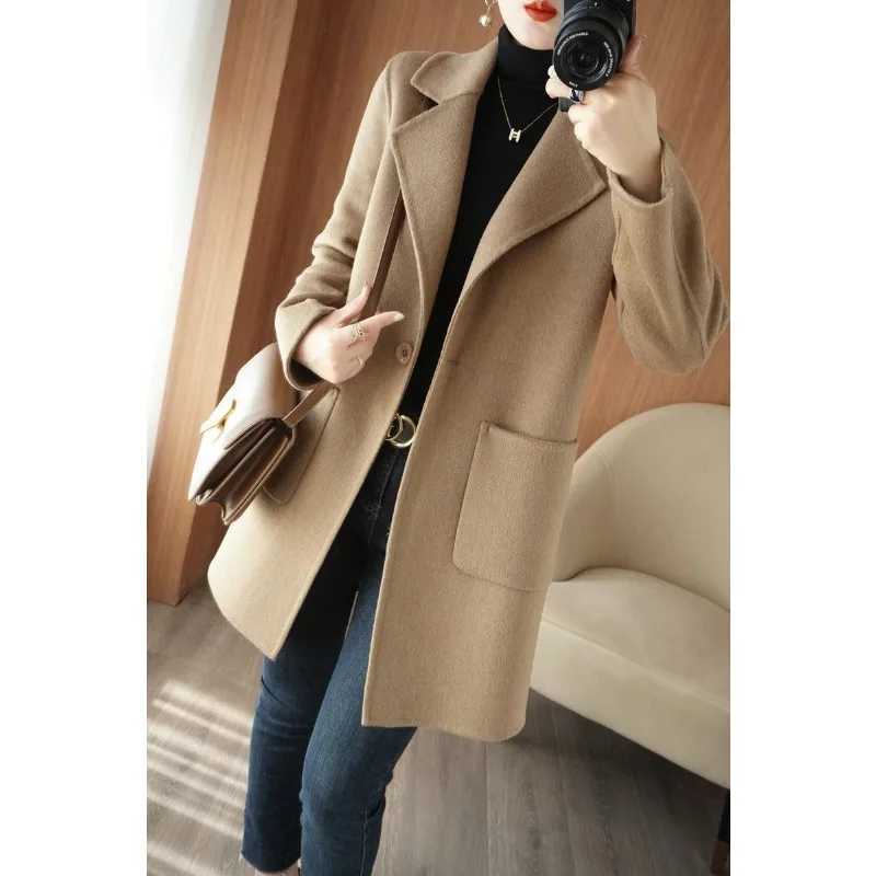 Elegant Women Reversible Cashmere Coat Female Fashion Slim Fit Mid-Length Woolen Outwear One Button Casual Solid Color Outcoat