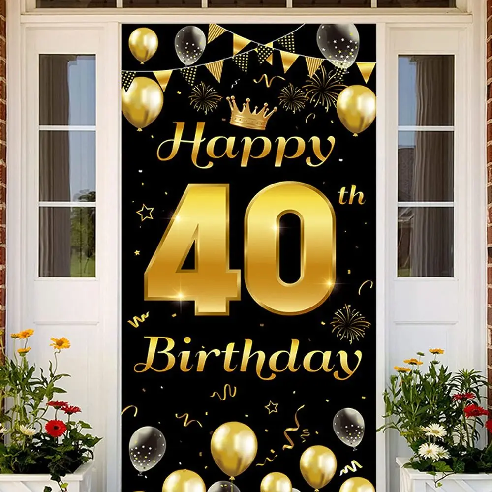 Black Gold Happy Birthday Door Hanging Banner Celebrate Polyester Party Door Background Balloon Cake