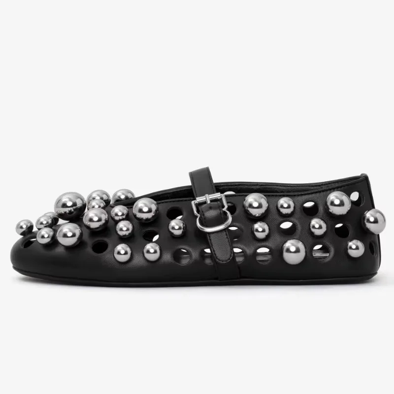 

Luxury Black Pearl Round Head Buckle Ballet Sandals Summer Autumn Metal Hollow Commuting Casual Mary Jane Single Shoe Size 45