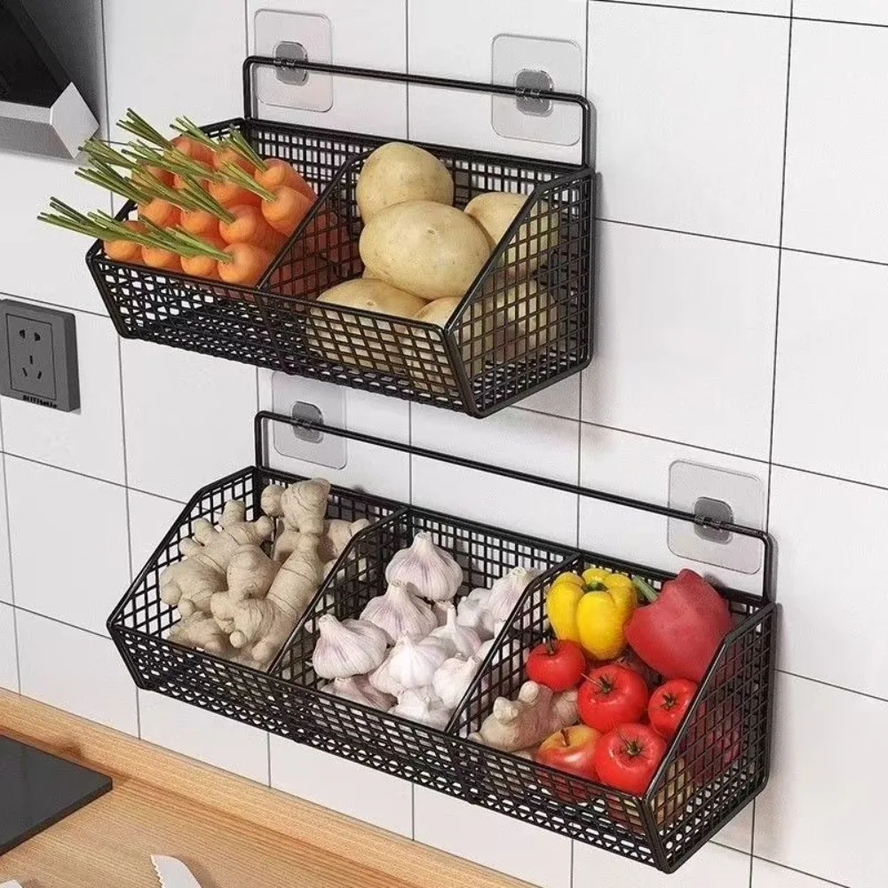 Metal Wire Kitchen Storage Basket Wall Mounted Open Front Vegetable Storage Box Large Capacity Garlic Onion Organizer Home Use