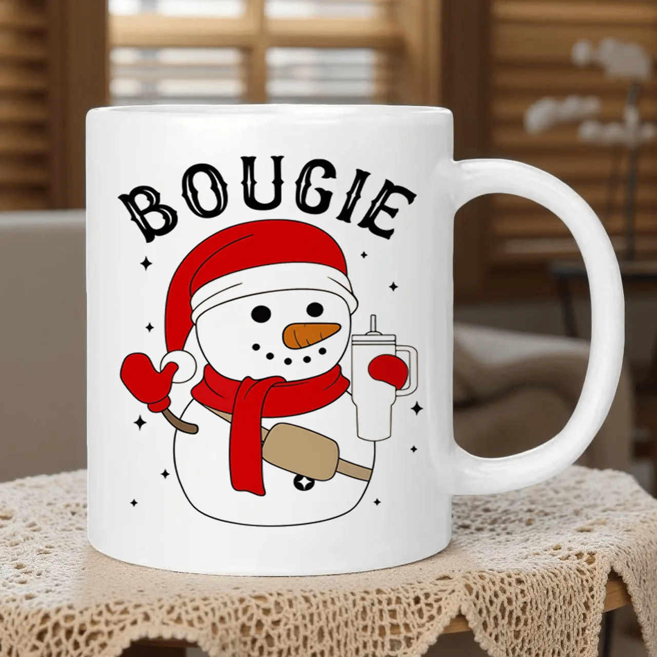 Cross-border funny luxury Christmas mug white ceramic coffee cup black handle red snowman design