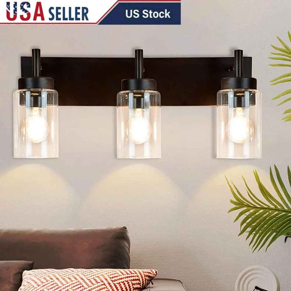 

Vintage Bathroom Vanity Light Fixture 3 Clear Glass Shades Industrial Wall Sconce E26 Base Hallway Kitchen