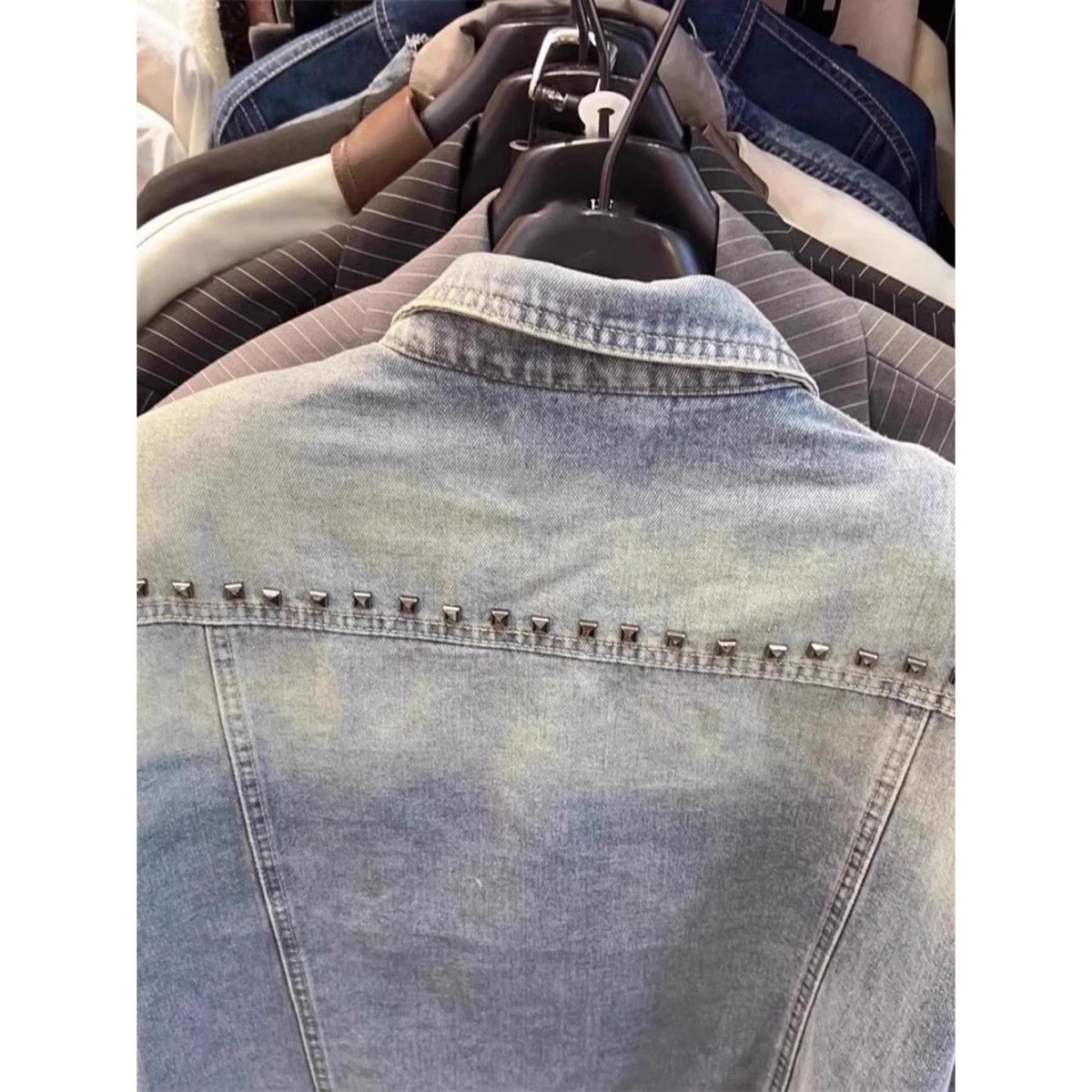 

Retro American Denim Jaet ex Loose Casual Heavy Du Rivet Weathered Lazy Sle for Autumn Winter Spring Trendy Jaet