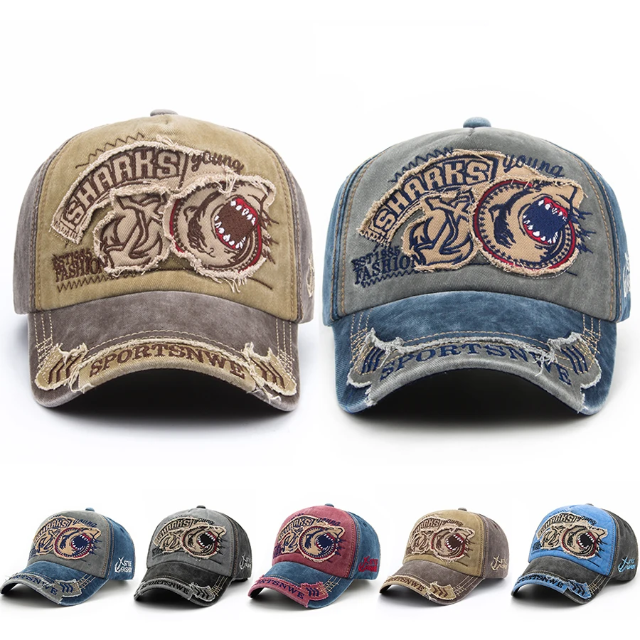 Streetwear Brand Hats - หมวกเบสบอลผู้ชายฤดูร้อน ผ้าฝ้าย แฟชั่น ปักลายฉลาม สไตล์วินเทจ หมวกแก๊ปลำลองสำหรับผู้หญิง