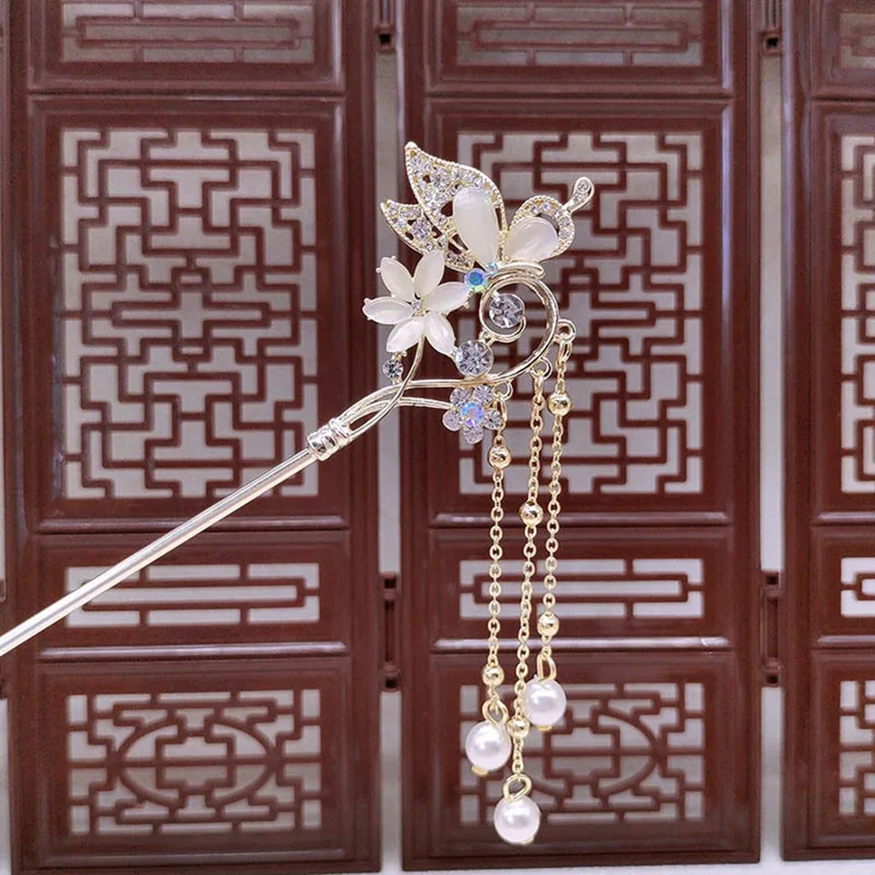 Female Hair Stick Hairpin Cat Eyes Flower Hair Clip Alloy Jewelry
