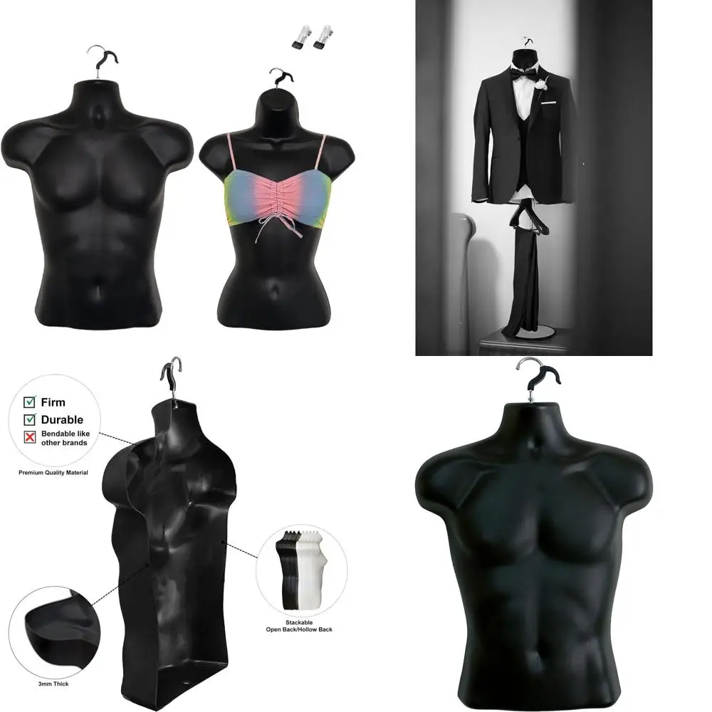 

Black Male and Female Mannequins with Rounded Waist, Hanging Hooks, and Clothing Clips, S-M Sizes