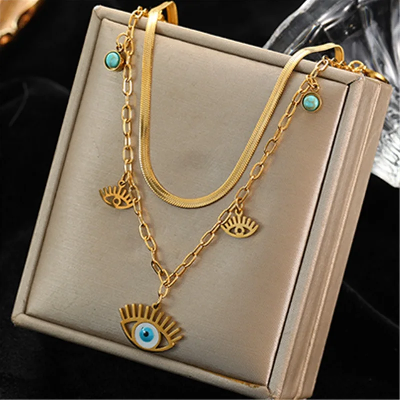 BCEFACL 316L Stainless Steel Vintage Eyes Eyelash Pendant Necklace For Women Fashion Multilayer Neck Chain Jewelry Gift Collier