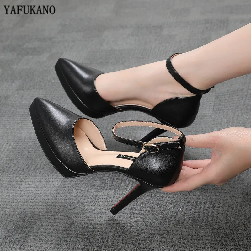 2024 Summer Brand Ankle Straps Womens Sandals 10 Cm Sexy Pointed Toe Platform Pumps Matte Leather Ladies High Heels Size 32 33