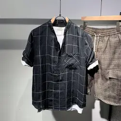 Summer Plaid Shirt Men's Korean Style Short-sleeved Shirt Top Men's Trendy Versatile Loose Simple Japanese Shirt