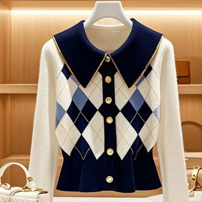 Cardigan lavorato a maglia coreano chic blu e bianco contrasto di colore anello-controllo femminile nuovo autunno piccolo cappotto maglione in vita profumato vento