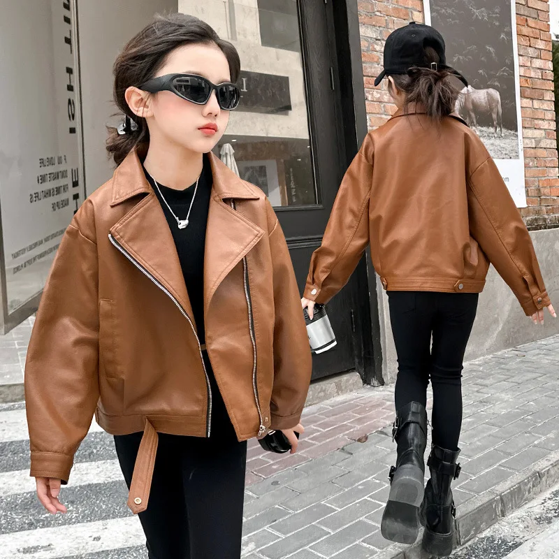 Girls Outerwear Spring and Autumn Korean Edition Leather Jacket Stylish Casual Daily Temperament Versatile Wear