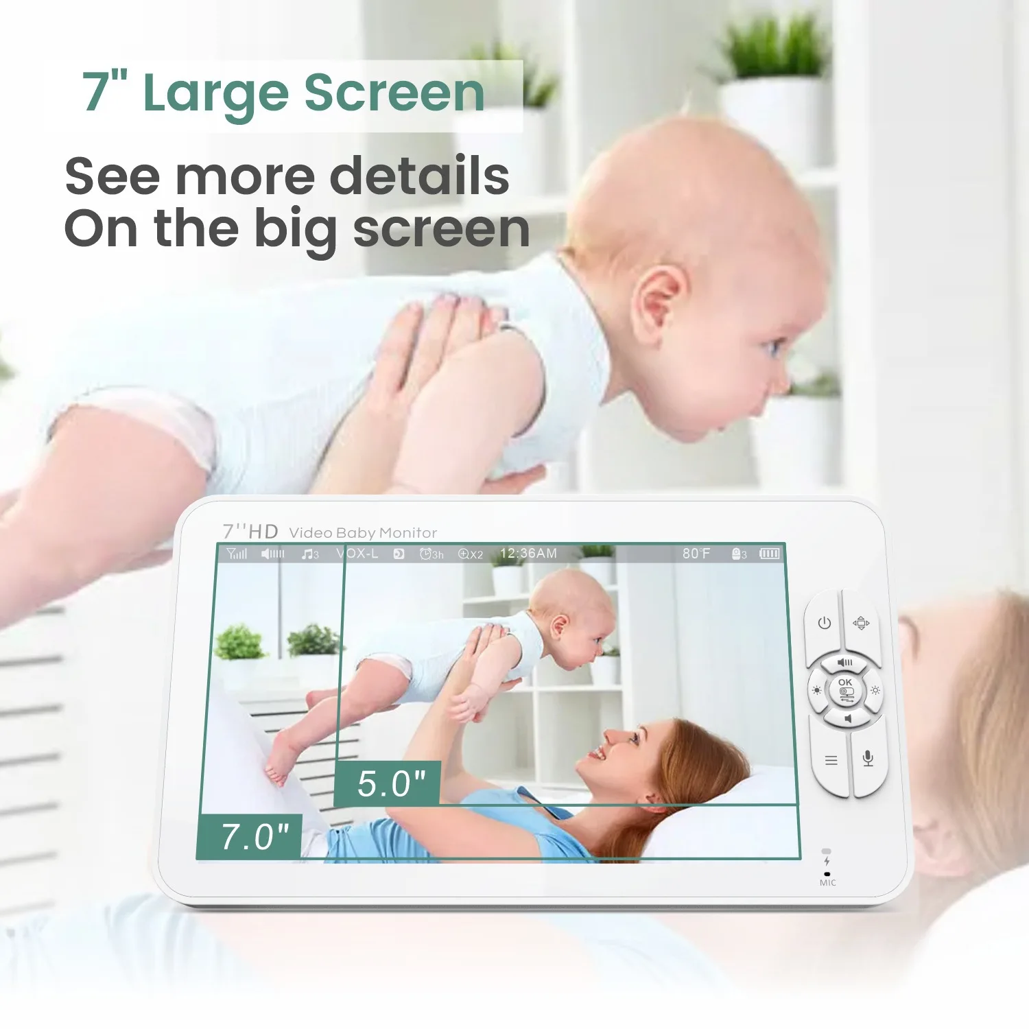 7.0 Inch Video Baby Monitor with 2pcs Cameras HD Split Screen Pan Tilt 4X Zoom 2 Way Audio 4000mAh Battery IR Babysitter SM70